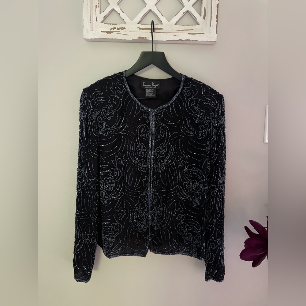 Laurence Kazar Vintage 100% Silk Beaded/Floral Cocktail Jacket/Blazer Size L